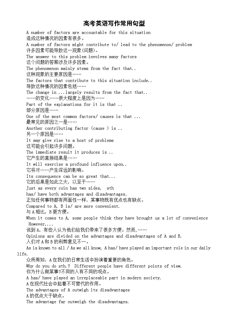高中英语2024届高考复习写作常用句型汇总第1页