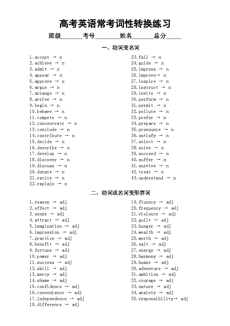 高中英语2024届高考复习常考词性转换练习（共五大类，附参考答案）第1页