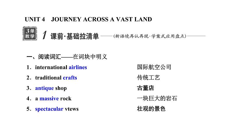 2024届高考英语一轮复习选择性必修第二册UNIT4 JOURNEY ACROSS A VAST LAND课件01