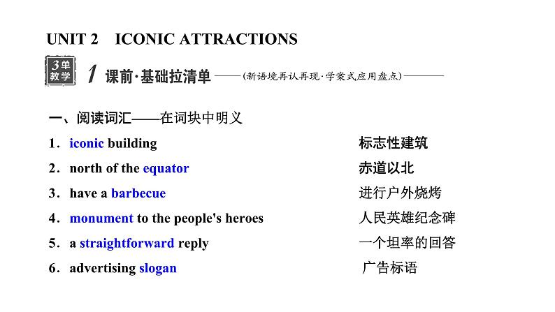 2024届高考英语一轮复习选择性必修第四册UNIT2 ICONIC ATTRACTIONS课件第1页