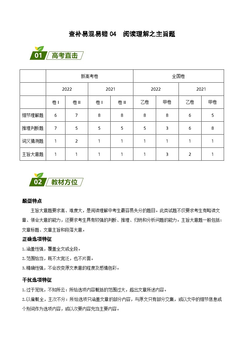 高考英语三轮冲刺查补易混易错点04  阅读理解之主旨题（含解析）第1页