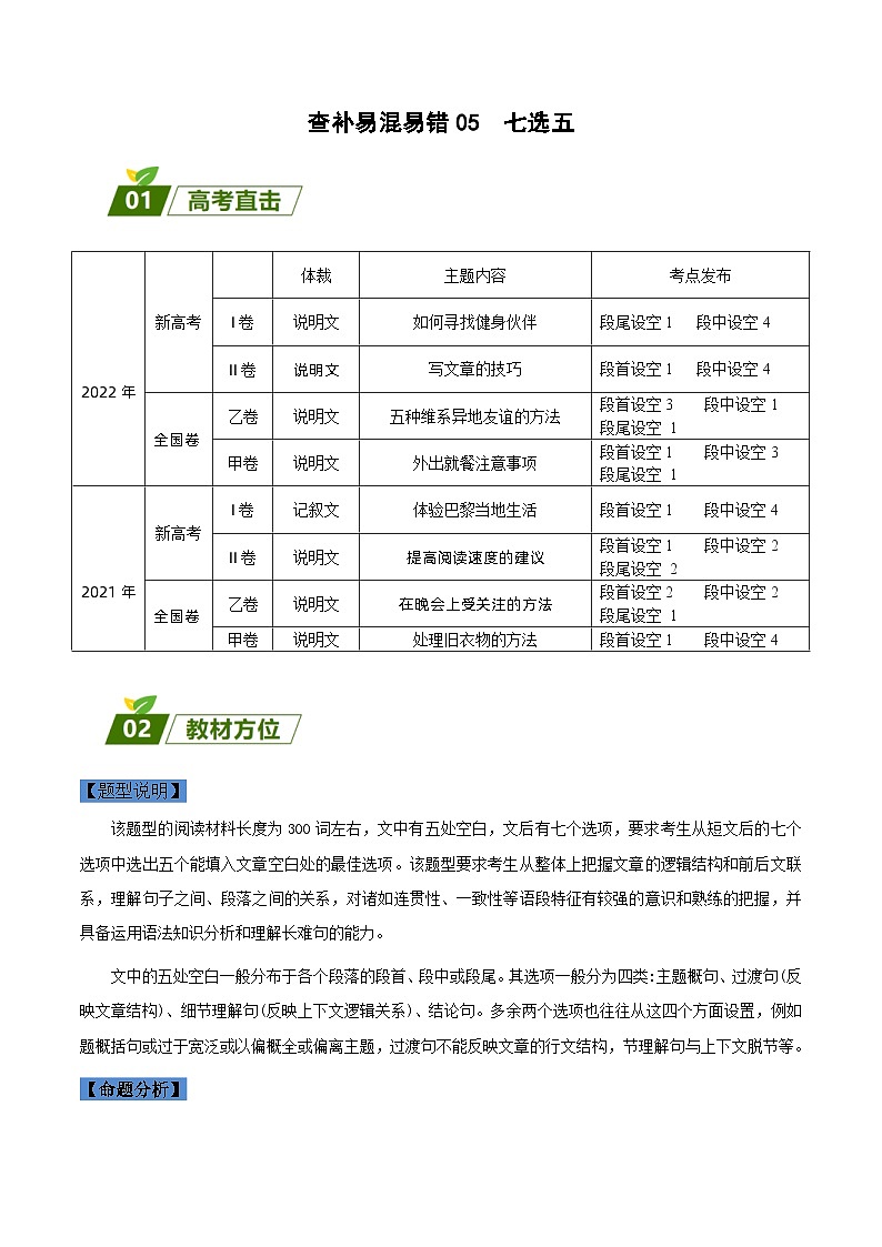 高考英语三轮冲刺查补易混易错点05  七选五 （含解析）第1页