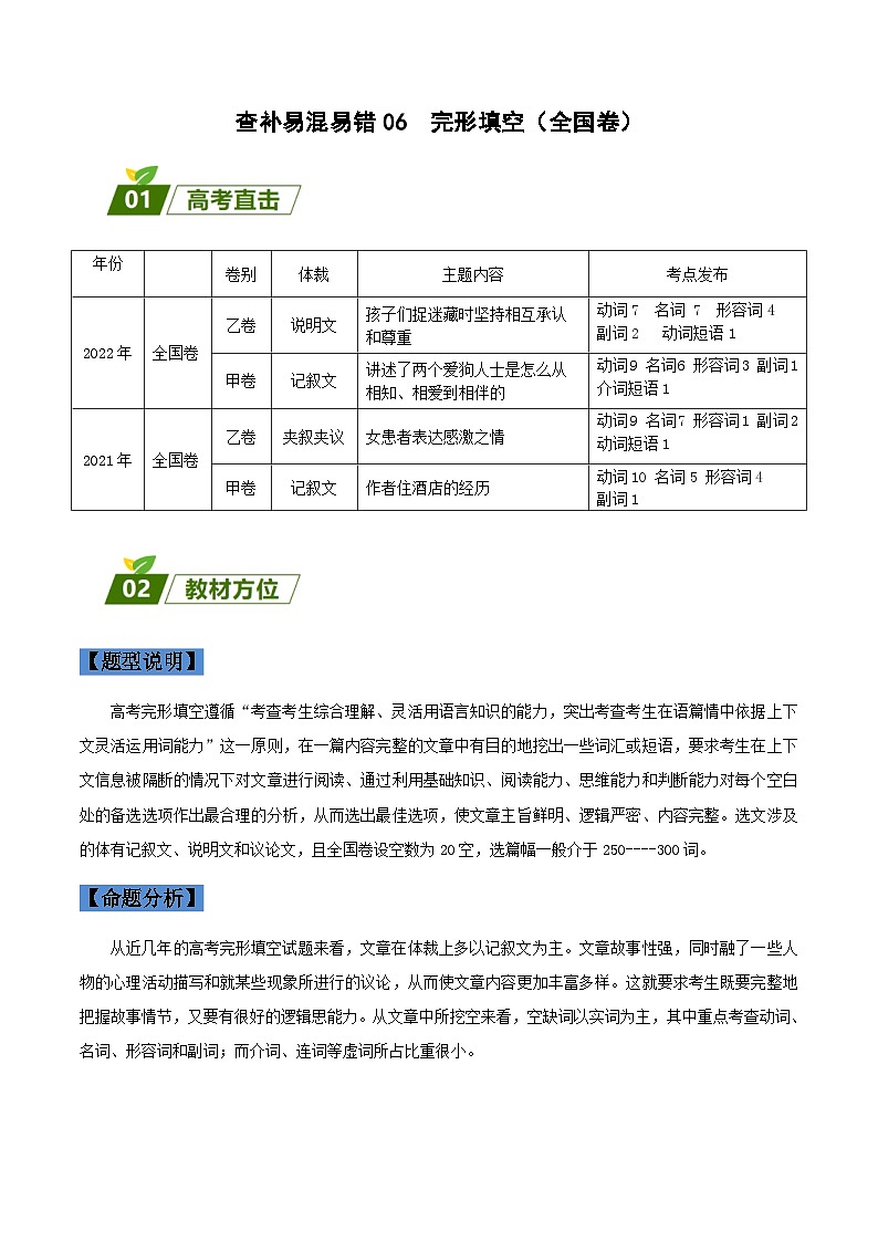 高考英语三轮冲刺查补易混易错点06  完形填空 （含解析）第1页
