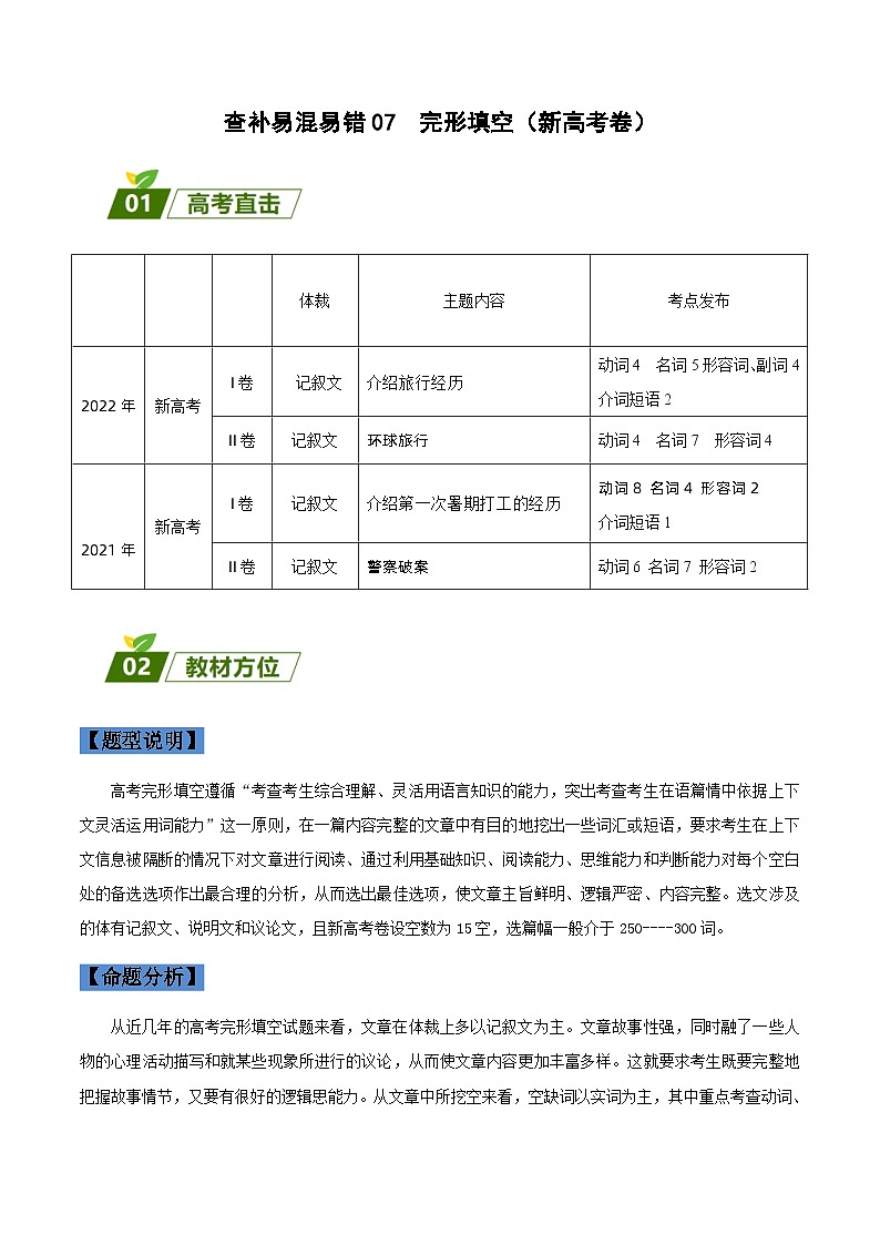 高考英语三轮冲刺查补易混易错点07  完形填空（新高考卷） （含解析）第1页