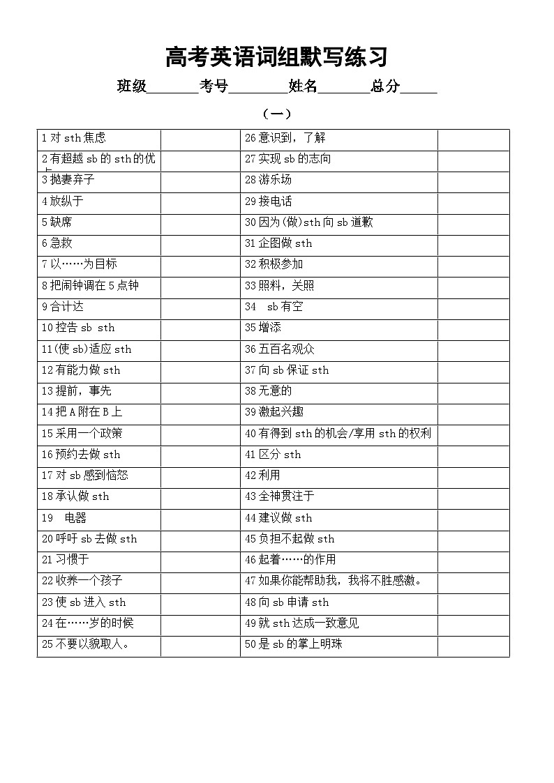 高中英语2024届高考复习词组默写练习1（共四组）（附参考答案）第1页
