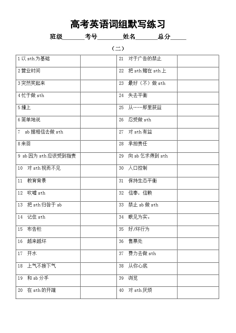 高中英语2024届高考复习词组默写练习1（共四组）（附参考答案）第2页