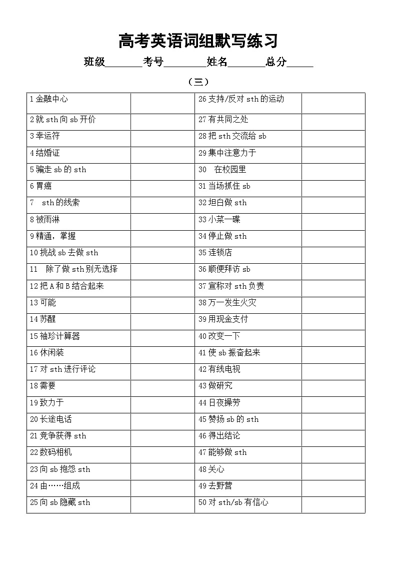 高中英语2024届高考复习词组默写练习1（共四组）（附参考答案）第3页