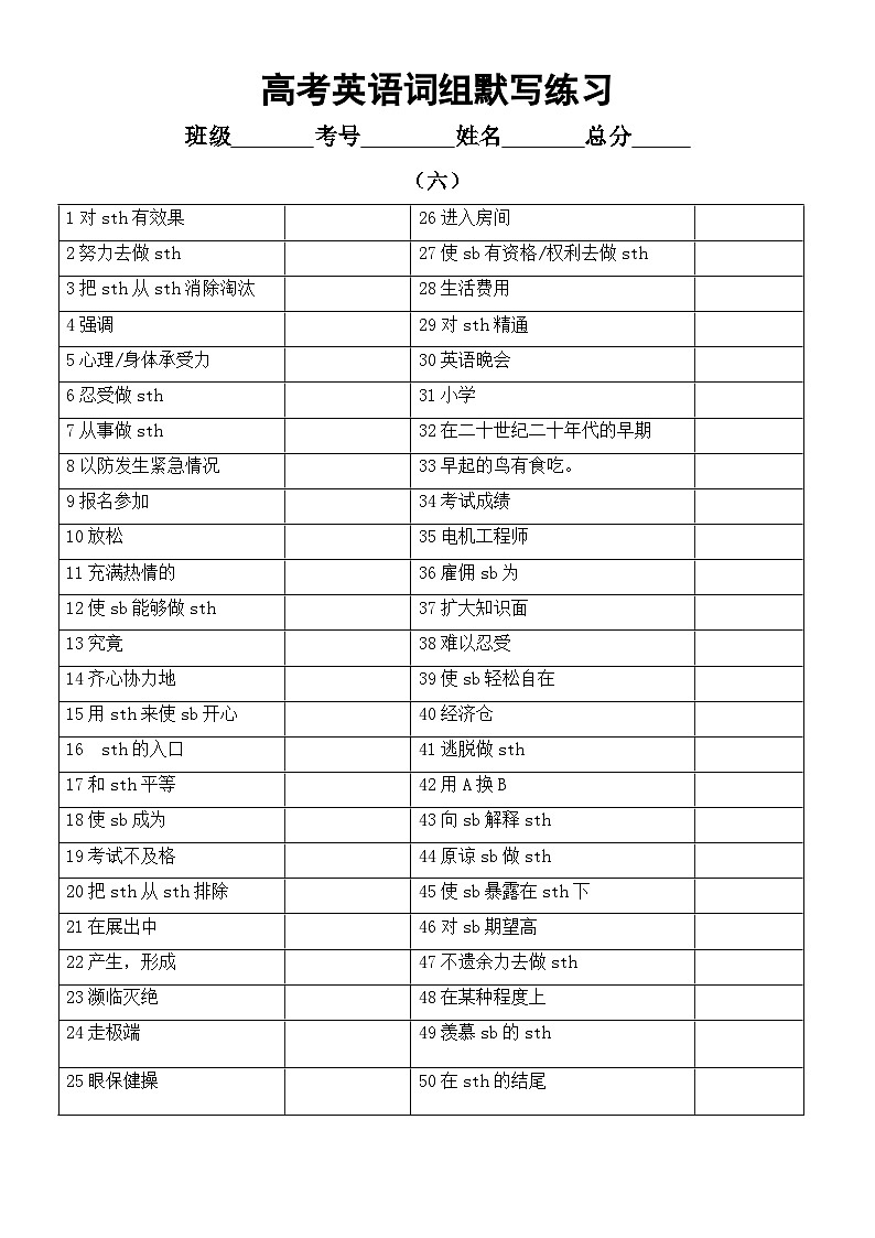 高中英语2024届高考复习词组默写练习2（共四组）（附参考答案）第2页