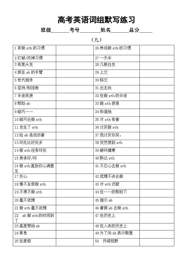 高中英语2024届高考复习词组默写练习3（共四组）（附参考答案）第1页