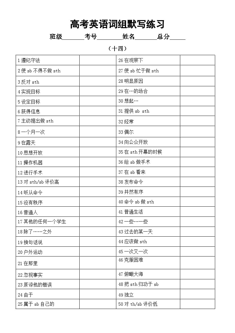 高中英语2024届高考复习词组默写练习4（共四组）（附参考答案）第2页