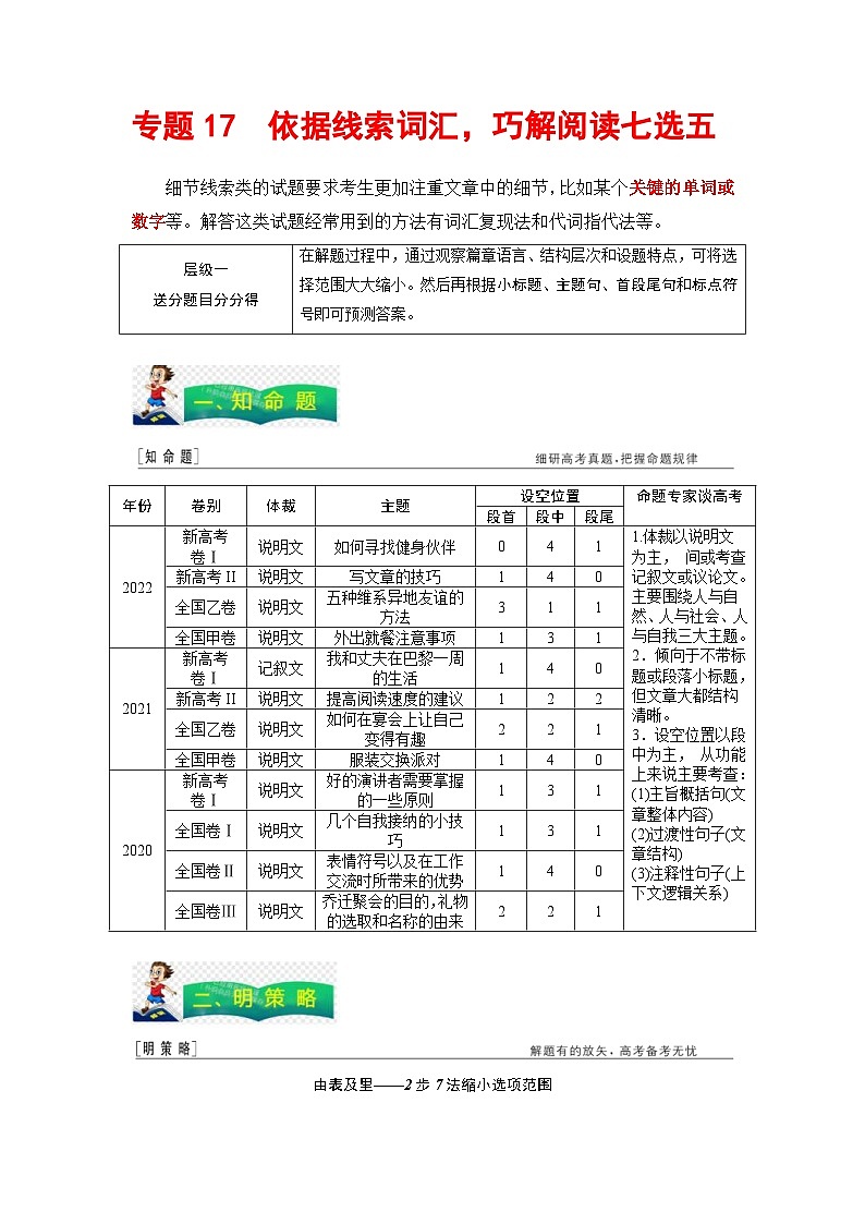 高考英语二轮复习题型归纳与变式演练专题17依据线索词汇，巧解阅读七选五（含解析）第1页