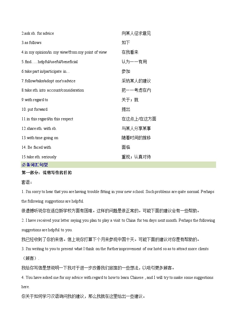 高考英语一轮复习基础过关练习专题24书面表达之书信体应用文（建议信&邀请信&申请信&求助信）必备句型与万能模板 (含解析)第2页