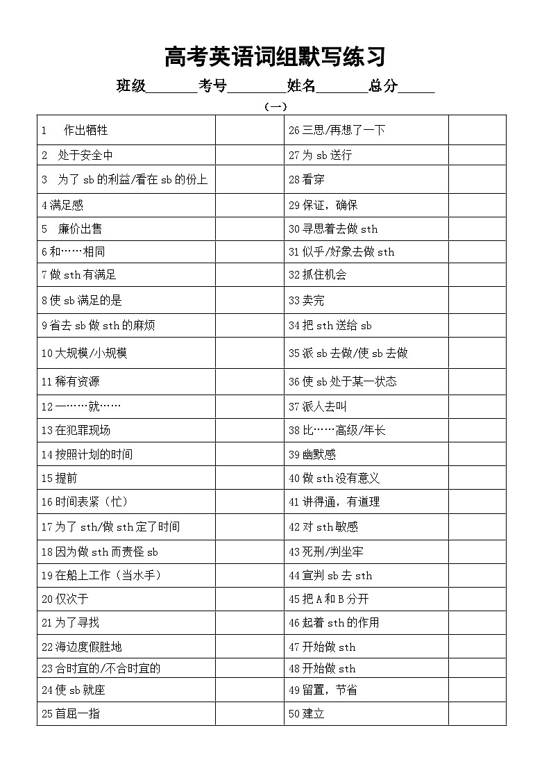 高中英语2024届高考复习词组默写练习（共两组）（附参考答案）01