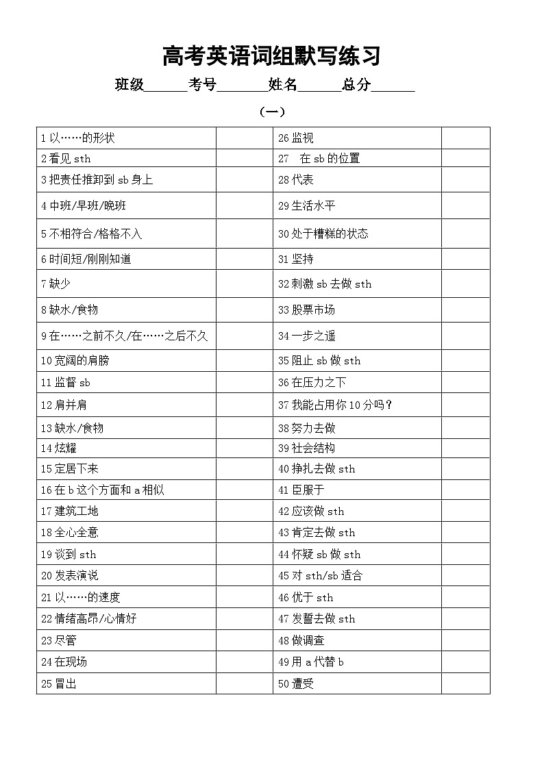 高中英语2024届高考复习词组默写练习（共三组，附参考答案）01