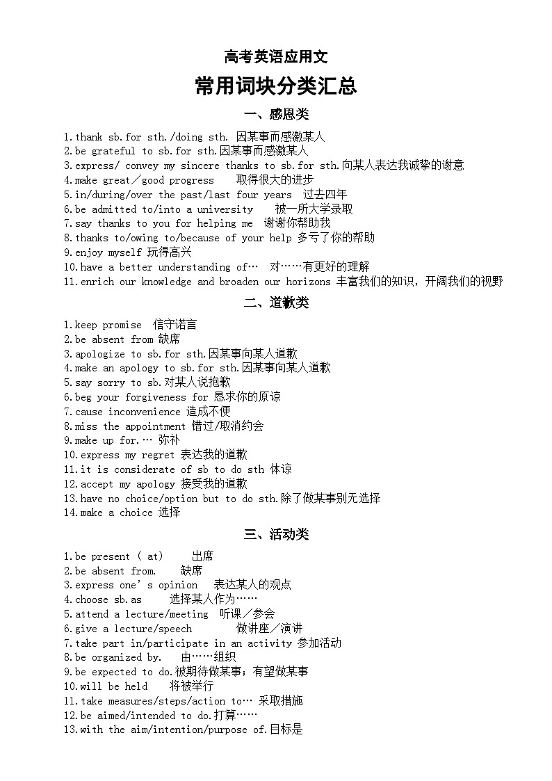 高中英语2024届高考复习应用文写作常用词块分类汇总（共八类）第1页