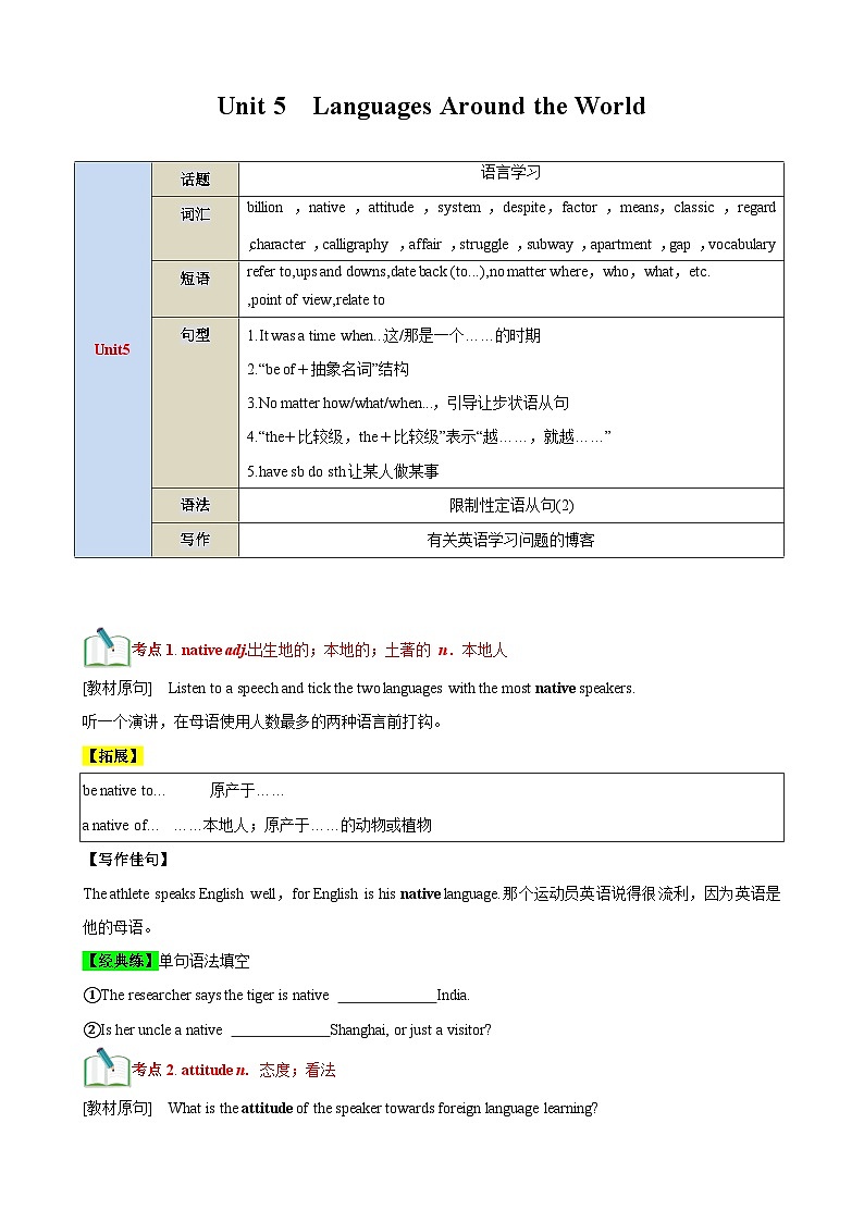 【期中知识点归纳】 （人教版2019）2023-2024学年高一上册英语 必修1 Unit 5    Languages Around the World  讲义（原卷版）第1页