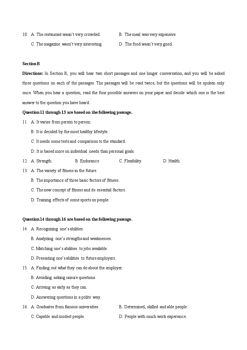 （沪教版2020）2023-2024学年高一英语上学期 第一次月考B卷02