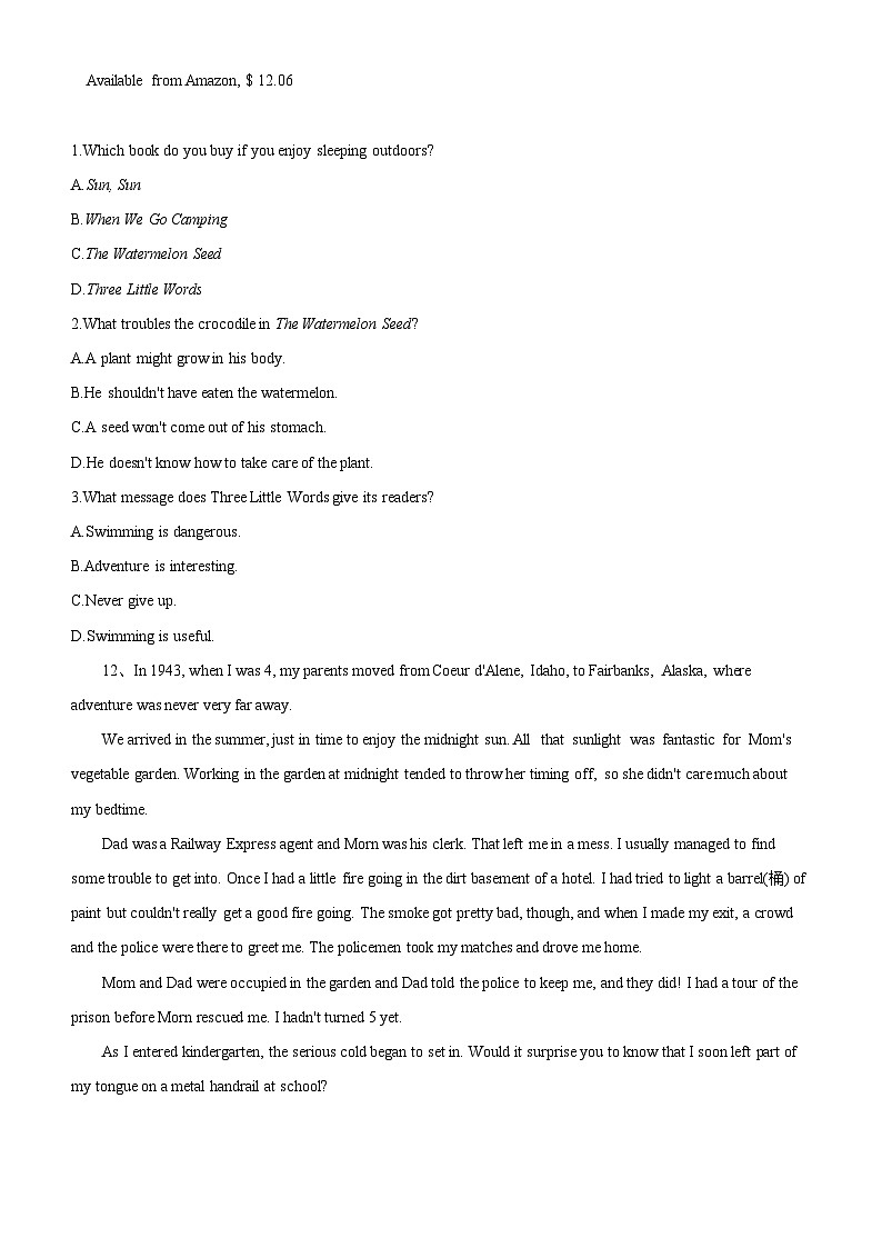 高一英语必修一《Unit 4 Natural disasters》寒假作业-人教版（2019）02