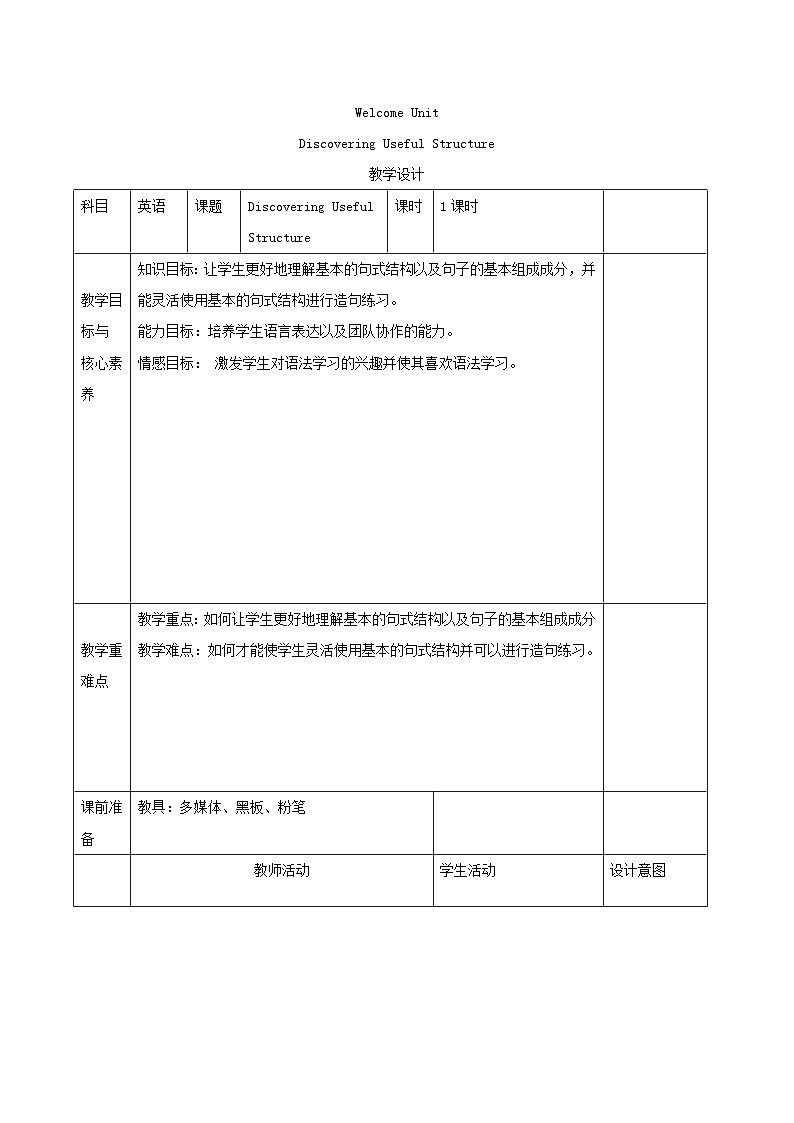 人教版(2019)高中英语必修一《Welcome Unit Discovering Useful Structures》教案第1页