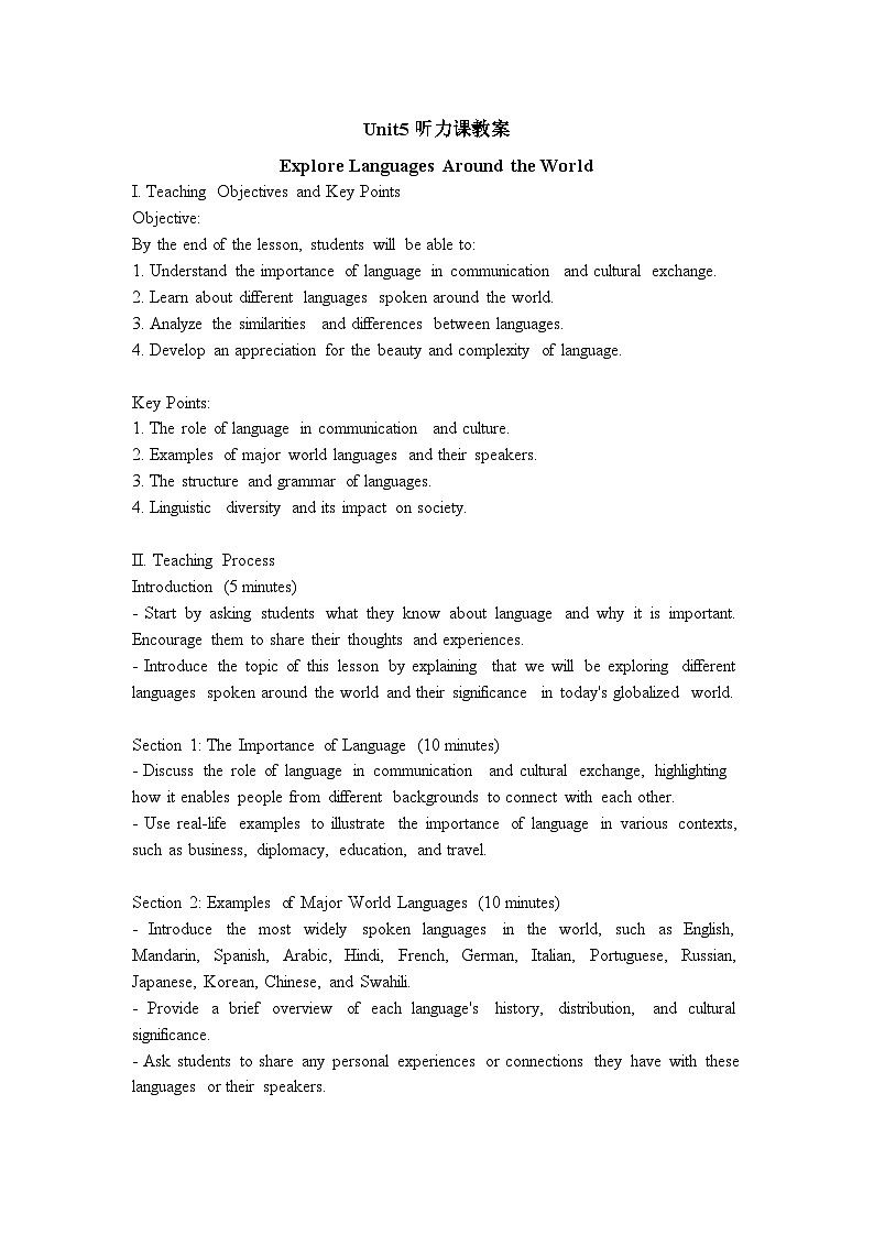 Unit 5 Languages Around The World Listening and Speaking 教案  高中英语人教版（2019）必修第一册01