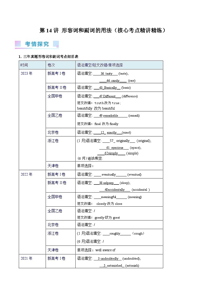 2024年高考英语一轮复习考点精讲精练（全国通用）第14讲形容词和副词的用法（Word版附解析）第1页