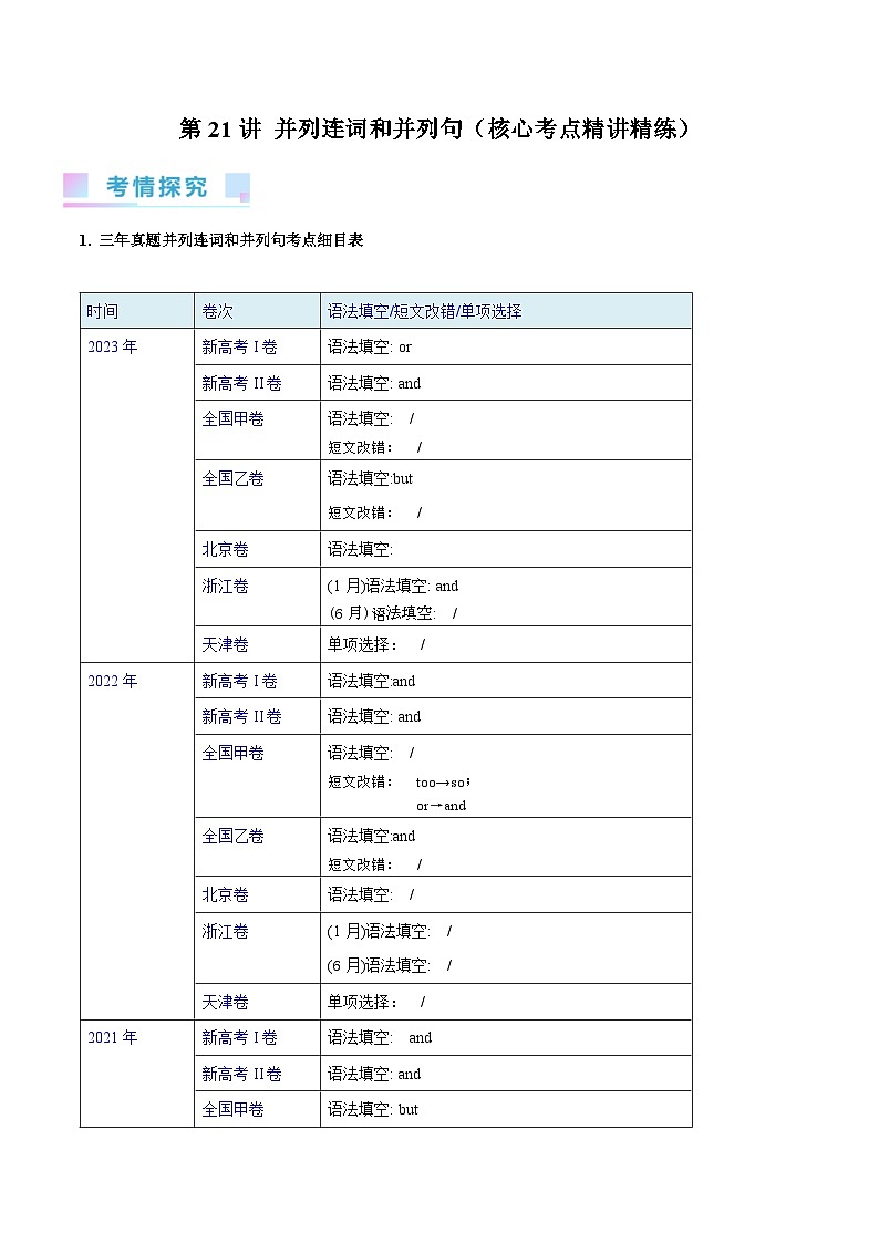 2024年高考英语一轮复习考点精讲精练（全国通用）第21讲并列连词和并列句（Word版附解析）第1页