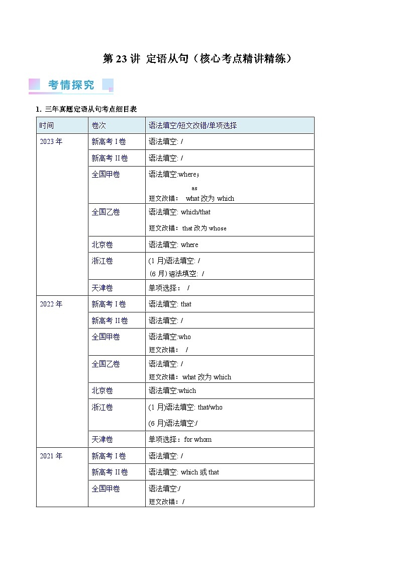 2024年高考英语一轮复习考点精讲精练（全国通用）第23讲定语从句（Word版附解析）第1页