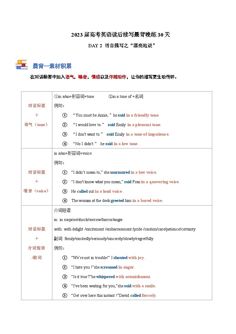 DAY 2 语言描写之“漂亮地说”-- 2023届高考英语读后续写晨背晚练30天第1页