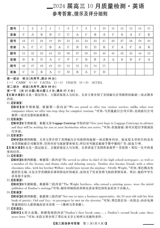 山西省2023-2024学年高三上学期10月月考英语试题答案第1页