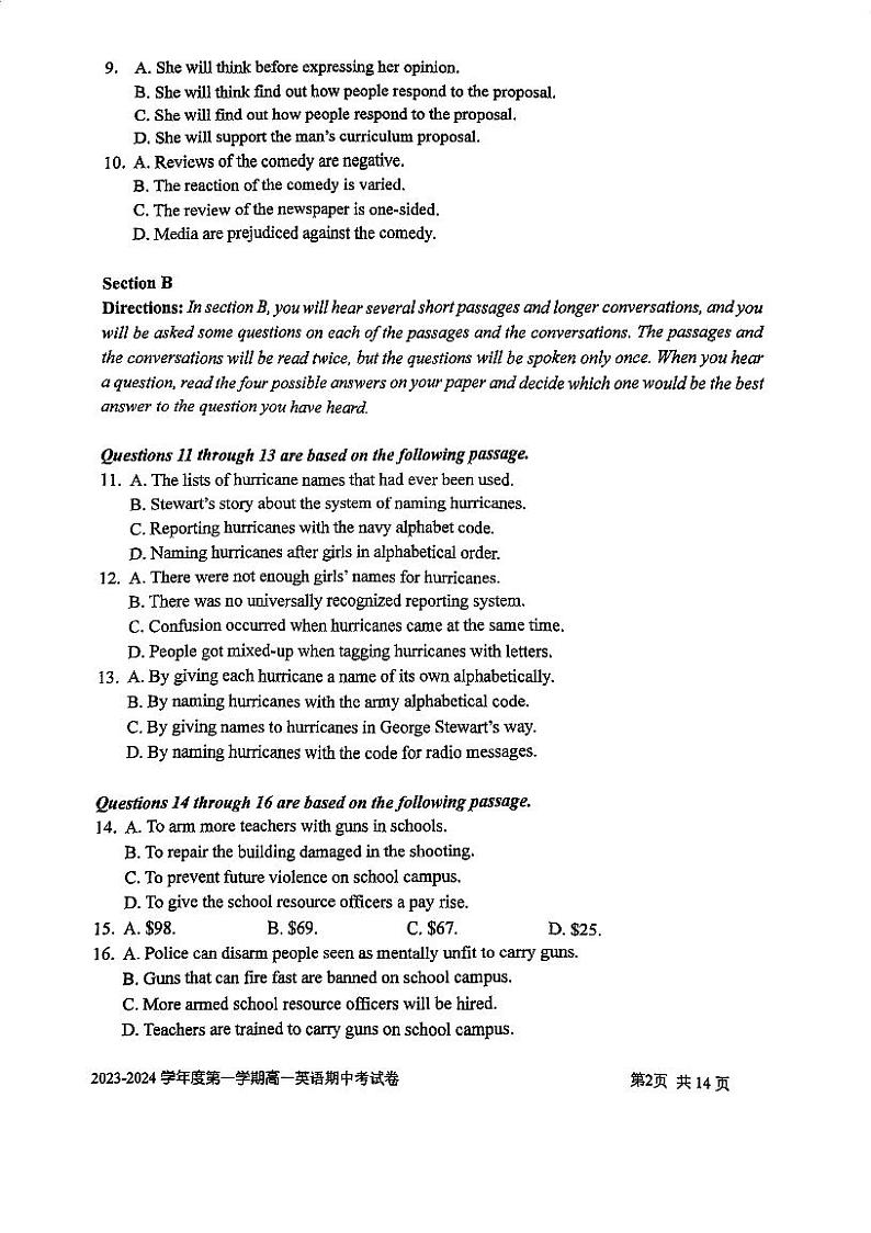 上海市交通大学附属中学2023-2024学年高一上学期期中英语试题02
