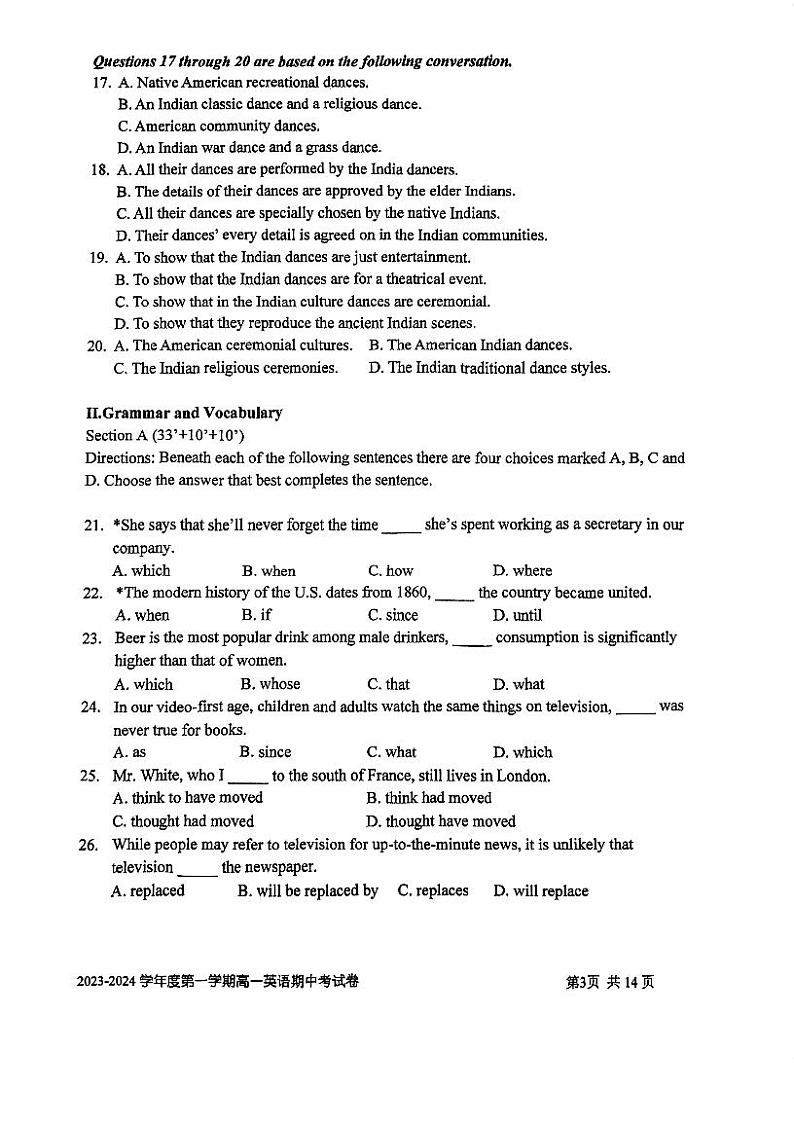 上海市交通大学附属中学2023-2024学年高一上学期期中英语试题03