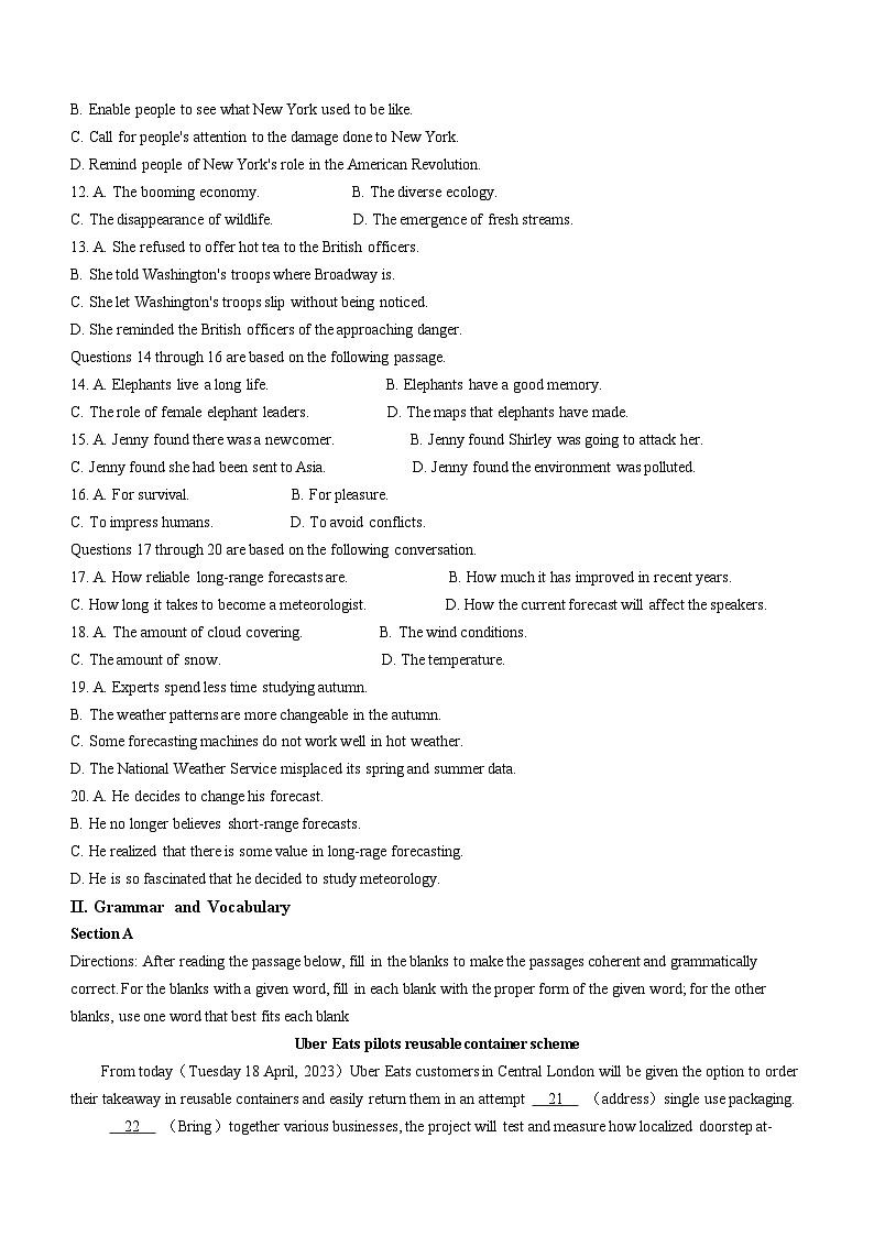 上海市进才中学2023-2024学年高二上学期期中英语试卷(无答案)02
