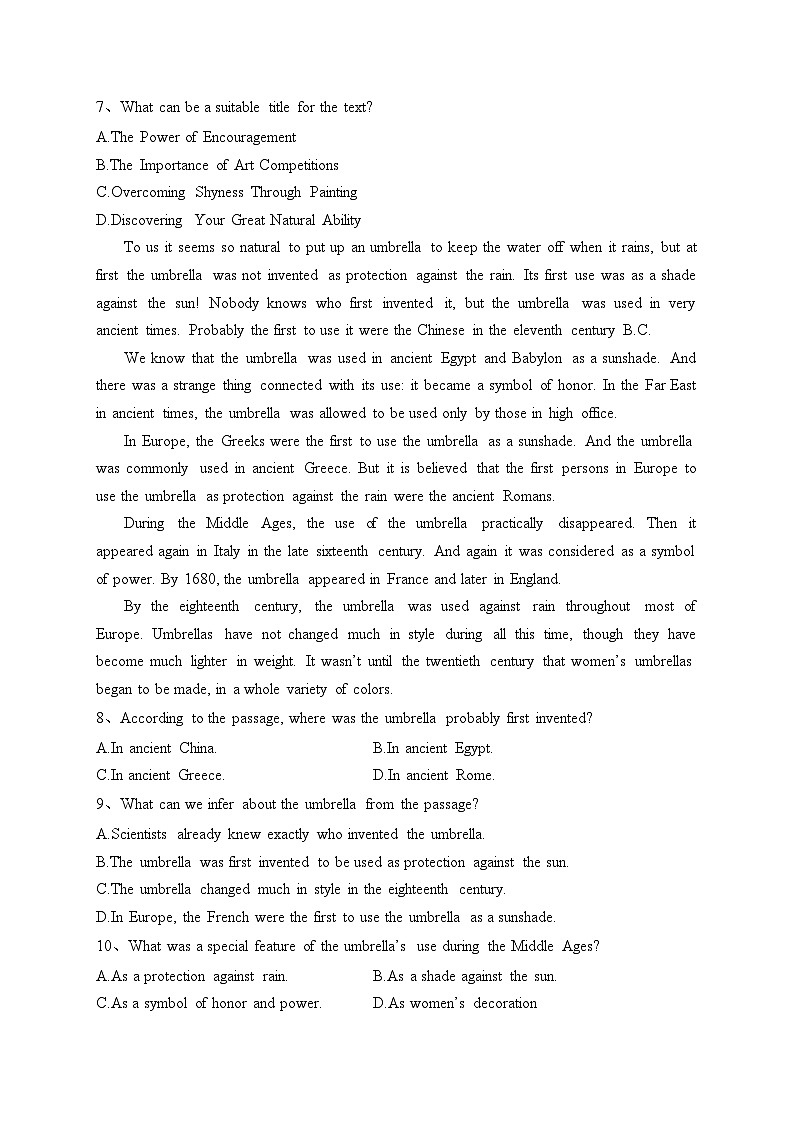 四川省资阳市资阳中学2023-2024学年高一上学期半期考试英语试卷(含答案)03
