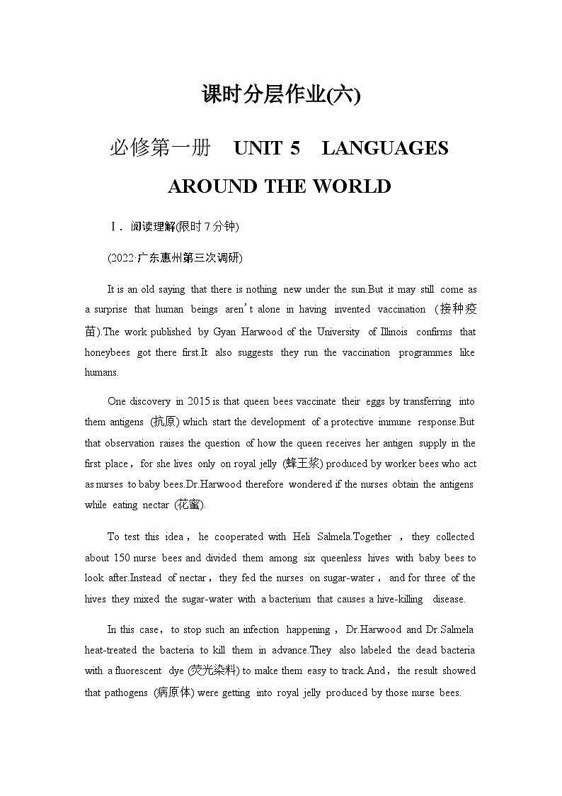 人教版高考英语一轮复习课时分层作业6必修第一册 UNIT 5 LANGUAGES AROUND THE WORLD含答案01