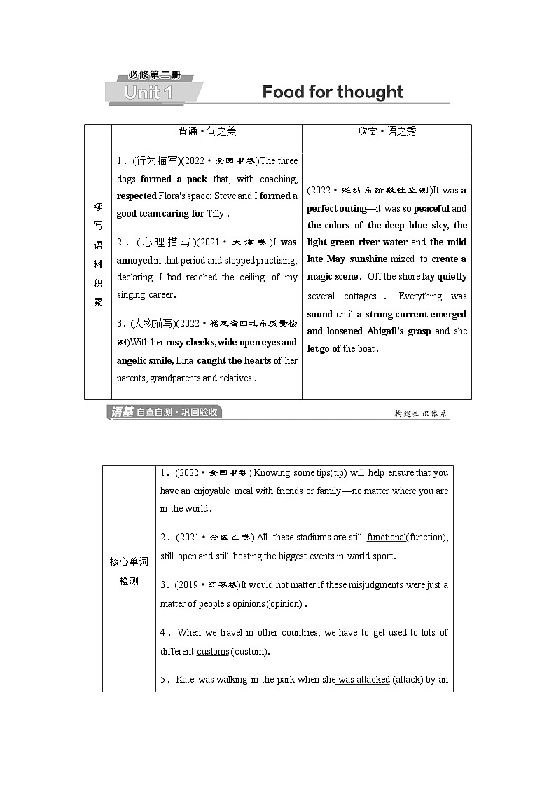 外研版高考英语一轮复习必修第2册Unit1 Food for thought课时学案01