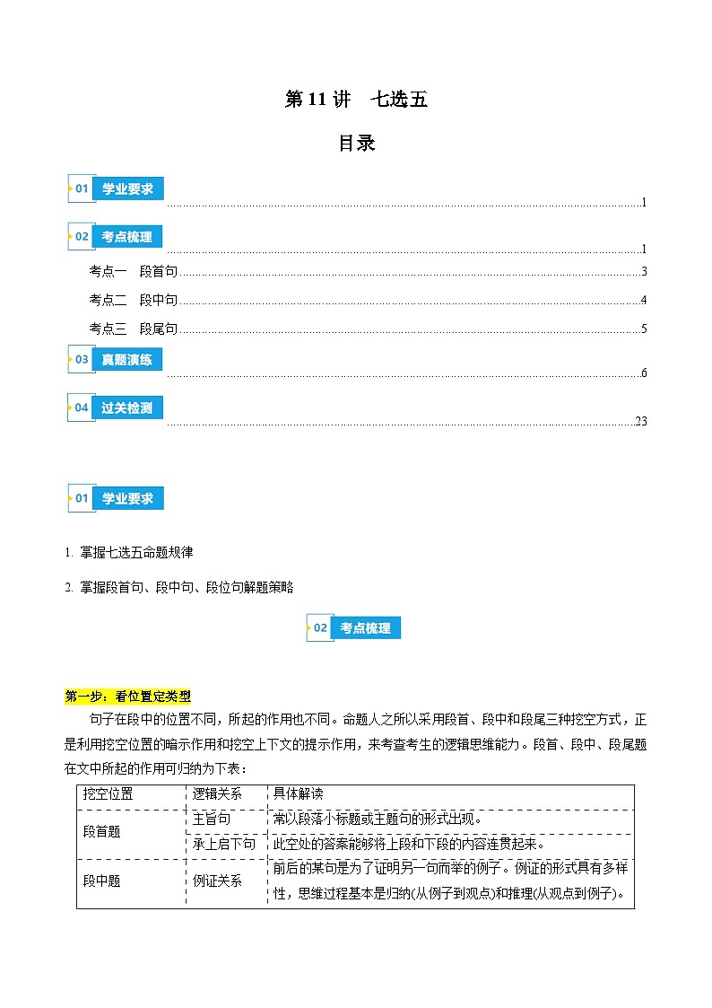 【学考复习】（江苏专用）2024年高中英语学业水平考试 专题讲解 第11讲 七选五讲义  第1页