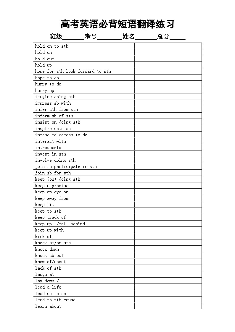 高中英语2024届高考复习必背短语翻译练习1215（附参考答案）第1页