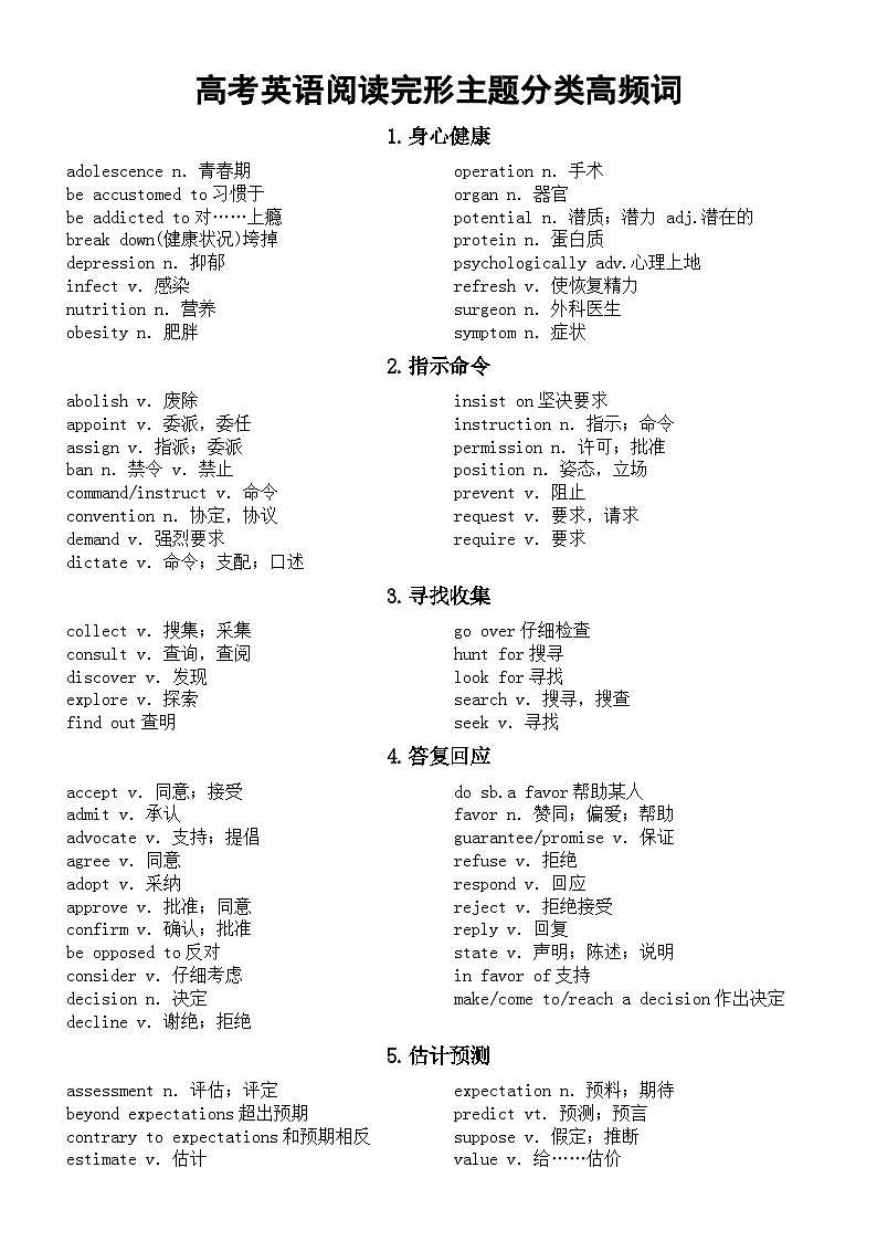 高中英语2024届高考阅读完形主题分类高频词（共8类）第1页