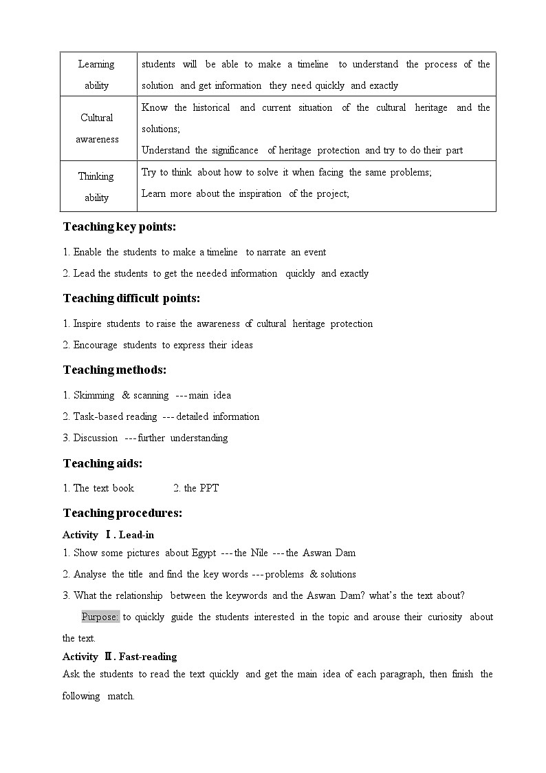 Unit 1 Cultural Heritage Reading and thinking 教案02
