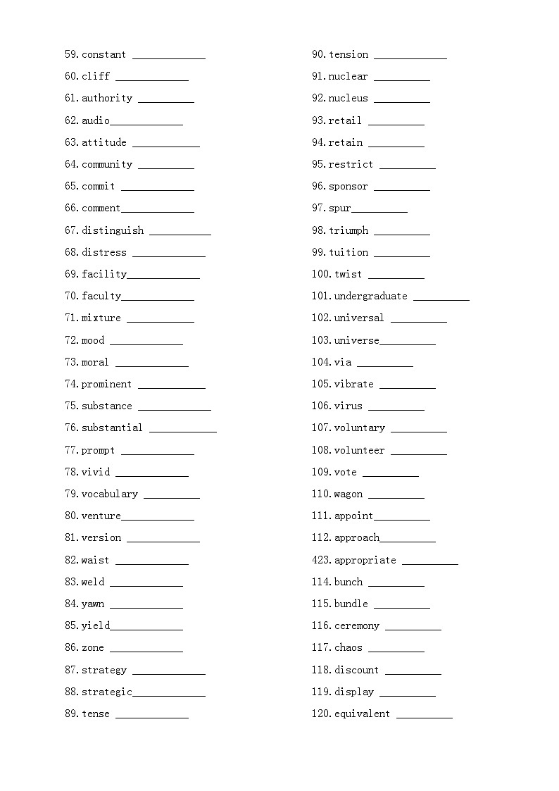 高中英语2024届高考阅读理解高频词翻译练习0103（共120个，附参考答案）02