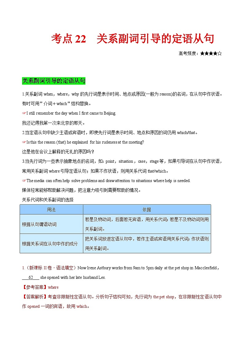 高考英语考点知识专讲专练（有答案） 考点22 关系副词引导的定语从句第1页