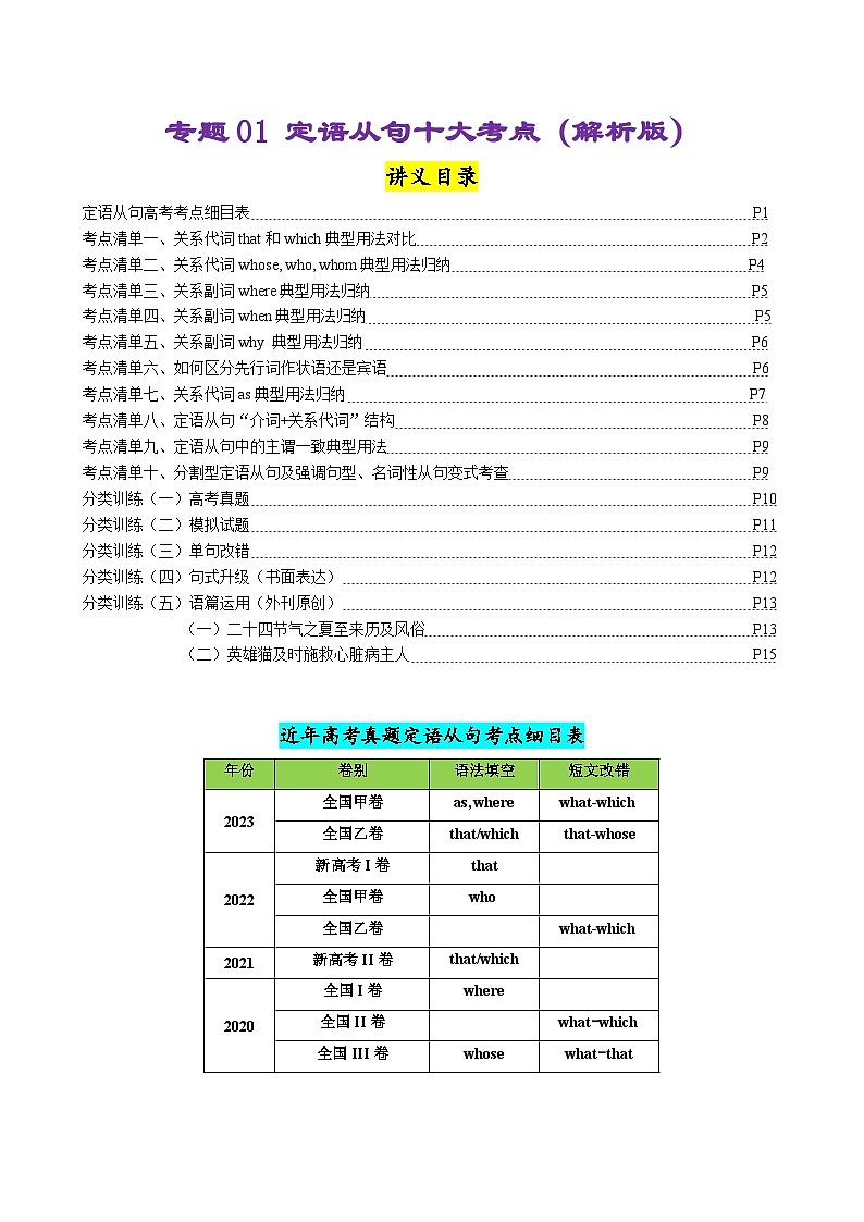 专题01 定语从句十大考点归纳（清单）-备战2024年高考英语一轮复习高效复习（全国通用）01