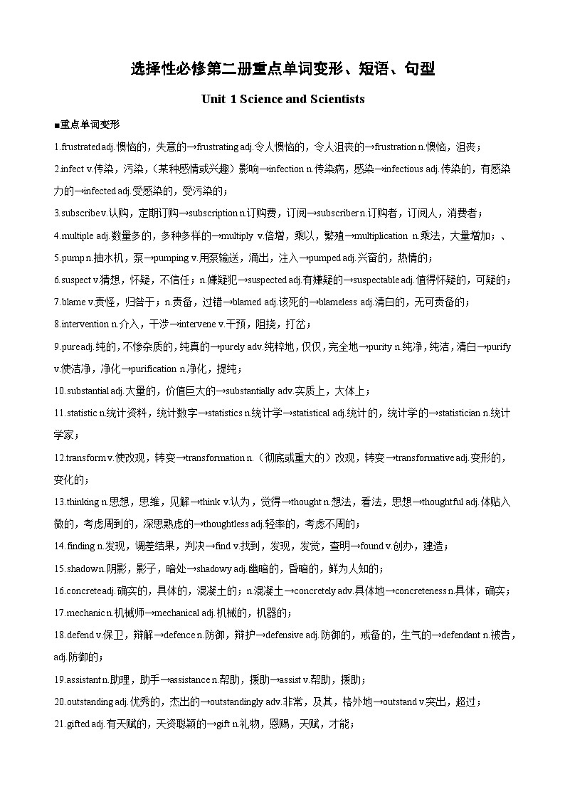 考点清单02 选择性必修第二册重点单词变形、短语、句型-2023-2024学年高二英语上学期期末常考题型突破（人教版）01