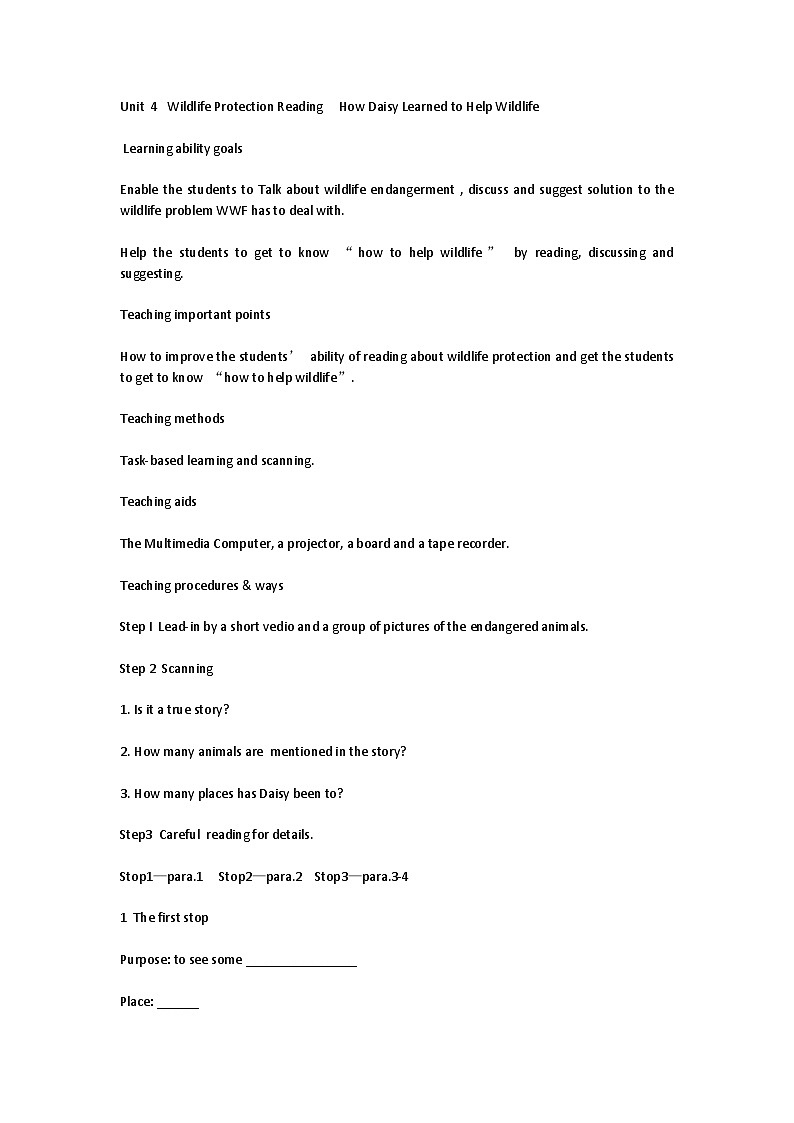 人教版必修2Unit  4   Wildlife Protection Reading     How Daisy Learned to Help Wildlife教案01