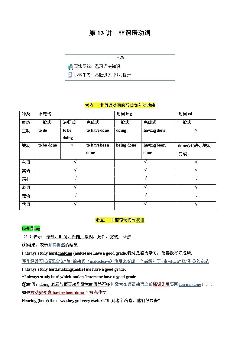 【寒假作业】人教版2019 高中英语 高一寒假巩固提升训练 专题13 非谓语动词-练习.zip01