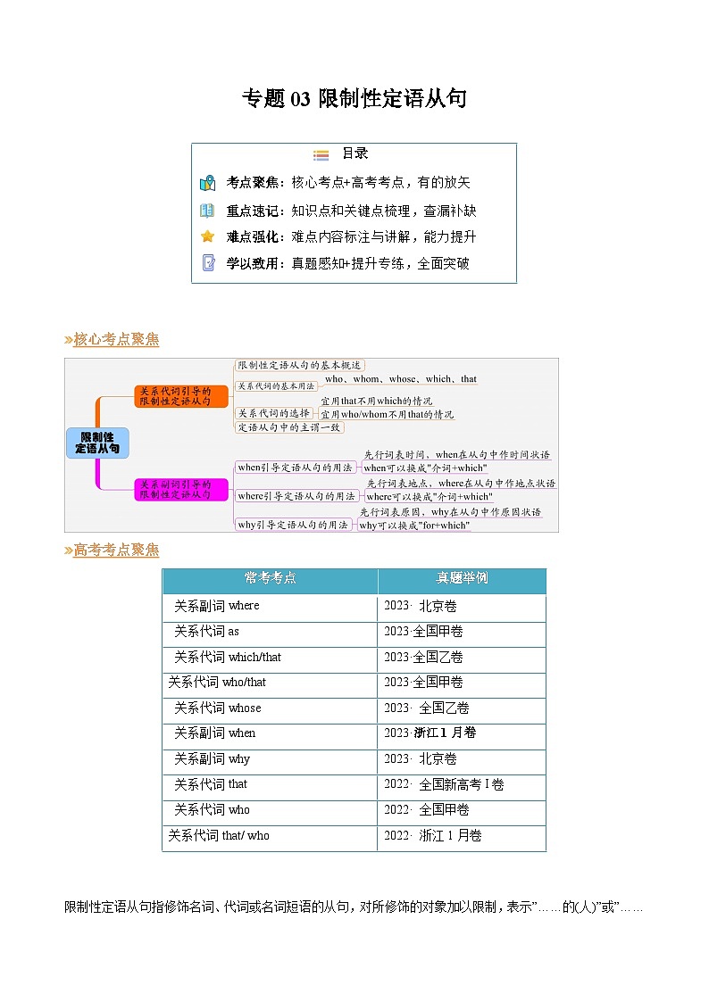 【寒假作业】译林版2020 高中英语 高一寒假巩固提升训练 专题03 限制性定语从句（知识讲解 高考必考题型练习）-练习.zip01