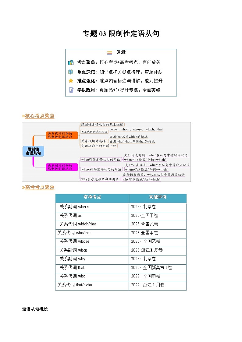 【寒假作业】译林版2020 高中英语 高一寒假巩固提升训练 专题03 限制性定语从句（知识讲解 高考必考题型练习）-练习.zip01