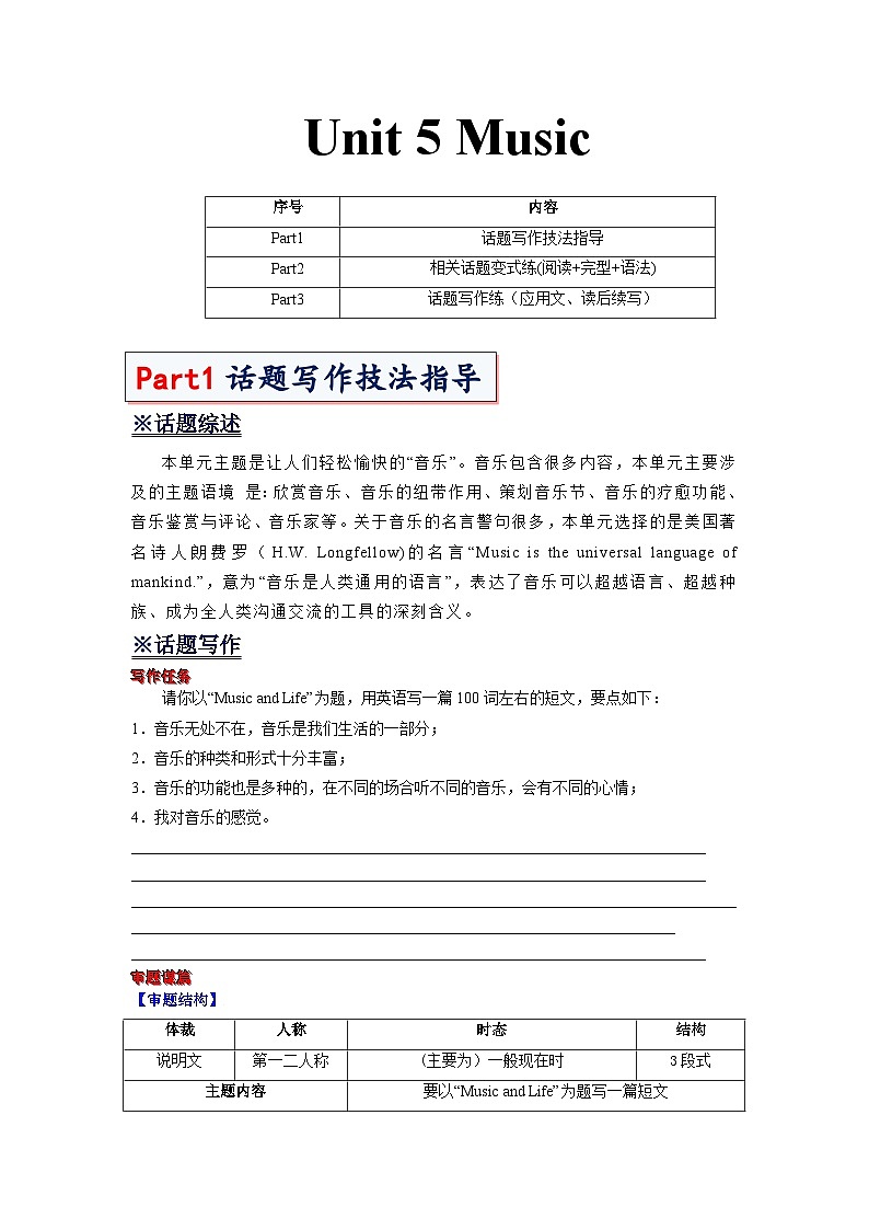 专题11 Unit 5 Music 必修第二册 - 高一英语新高考写作专项训练（人教版）第1页