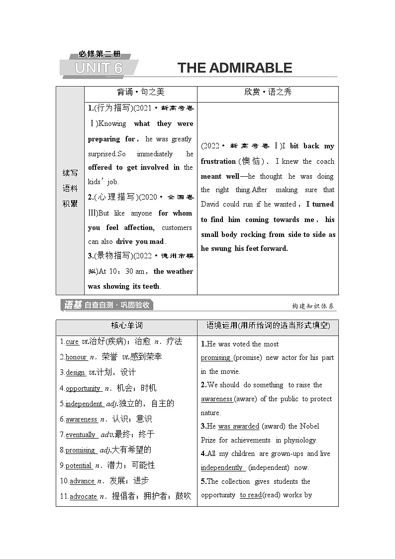 北师大版高考英语一轮复习必修第2册UNIT6 THE ADMIRABLE课时学案01