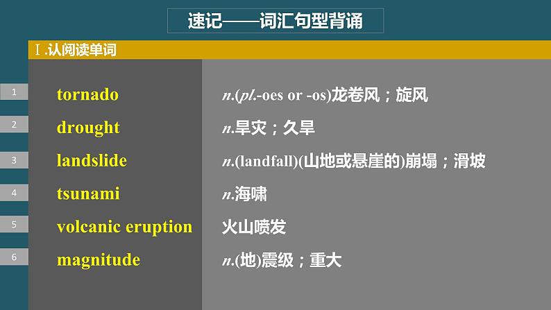 2024年高考英语一轮复习课件（新人教版） 第1部分 教材知识解读 必修第一册 Unit 4　Natural Disasters04